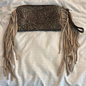 Fringe Leather Clutch in Brown and Tan